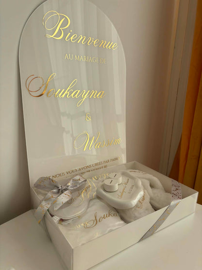 Pack mariée personnalisé complet – panneau de bienvenue & box bride